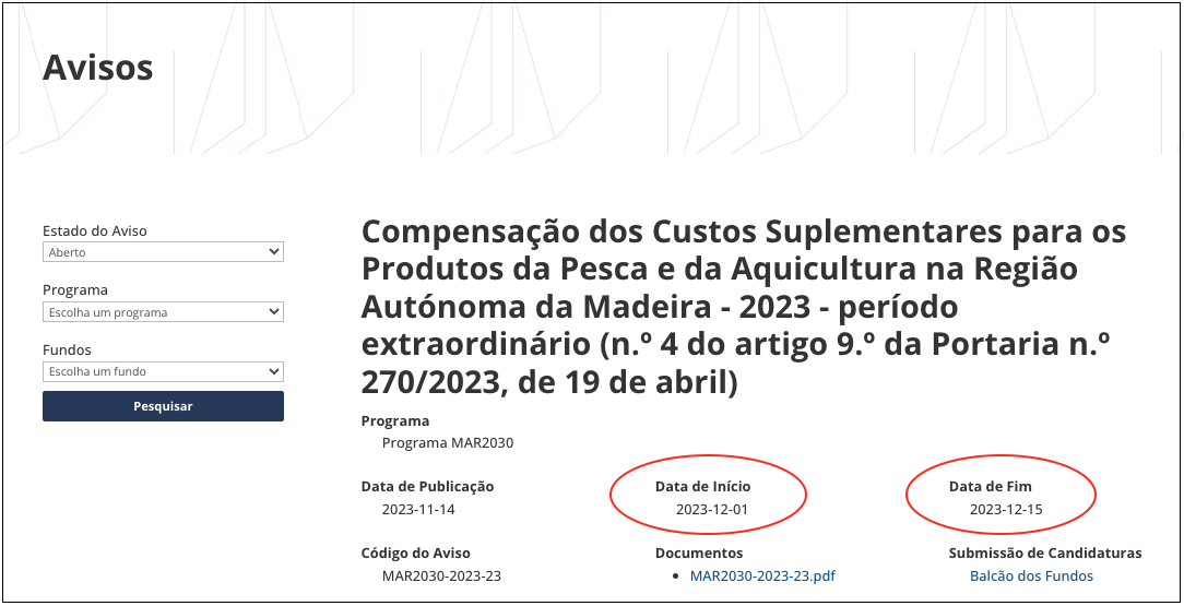 Pesquisa Avisos PT 2030 Inicio e fim candidatura