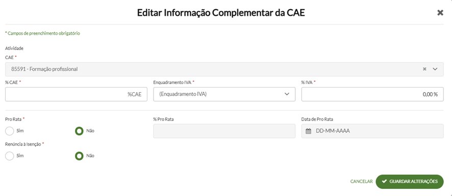 Formulário de preenchimento da informação complementar da CAE